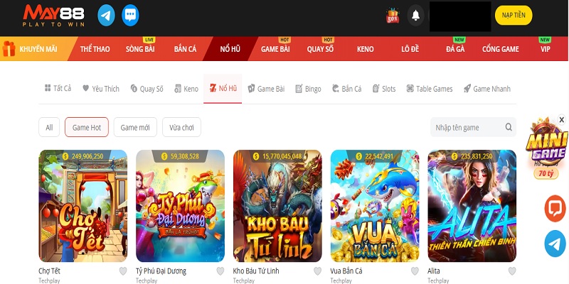 Kho game Nổ hũ May88 đa dạng và hấp dẫn
